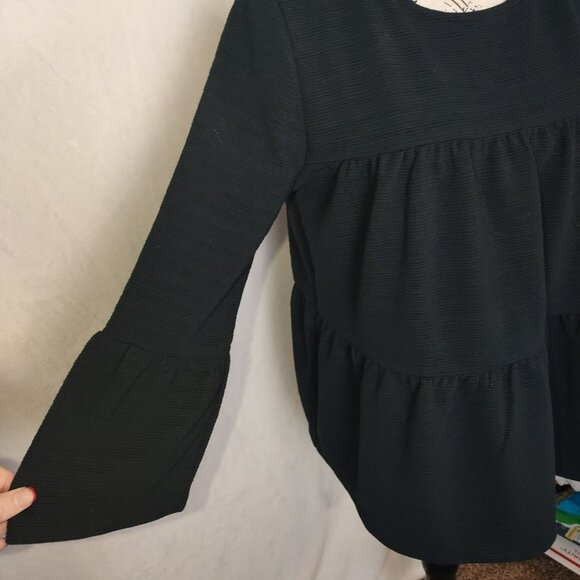 JCrew Womens Peplum Top M Black Bell Sleeve Textured‎ Classic Corporate Goth - Picture 9 of 14